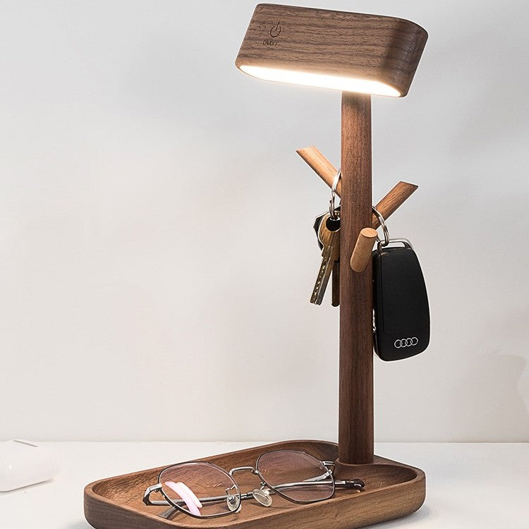 Solid Black Walnut LED Table Lamp Key Holder & Rechargeable Desk
